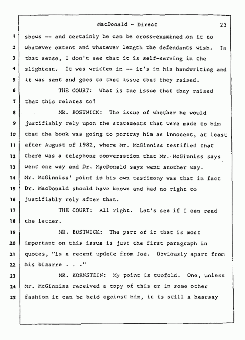 Los Angeles, California Civil Trial<br>Jeffrey MacDonald vs. Joe McGinniss<br><br>July 24, 1987:<br>Plaintiff's Witness: Jeffrey MacDonald, p. 23