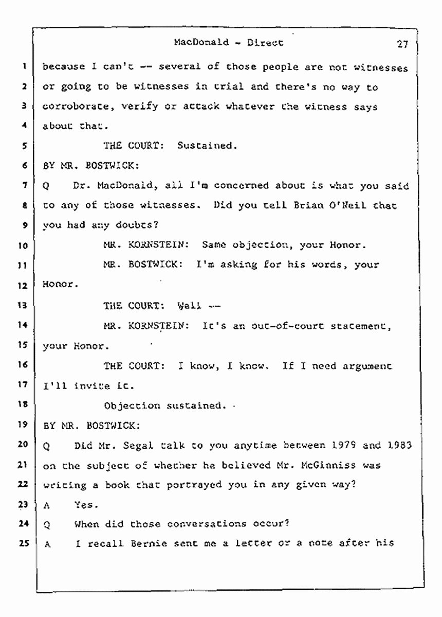 Los Angeles, California Civil Trial<br>Jeffrey MacDonald vs. Joe McGinniss<br><br>July 24, 1987:<br>Plaintiff's Witness: Jeffrey MacDonald, p. 27