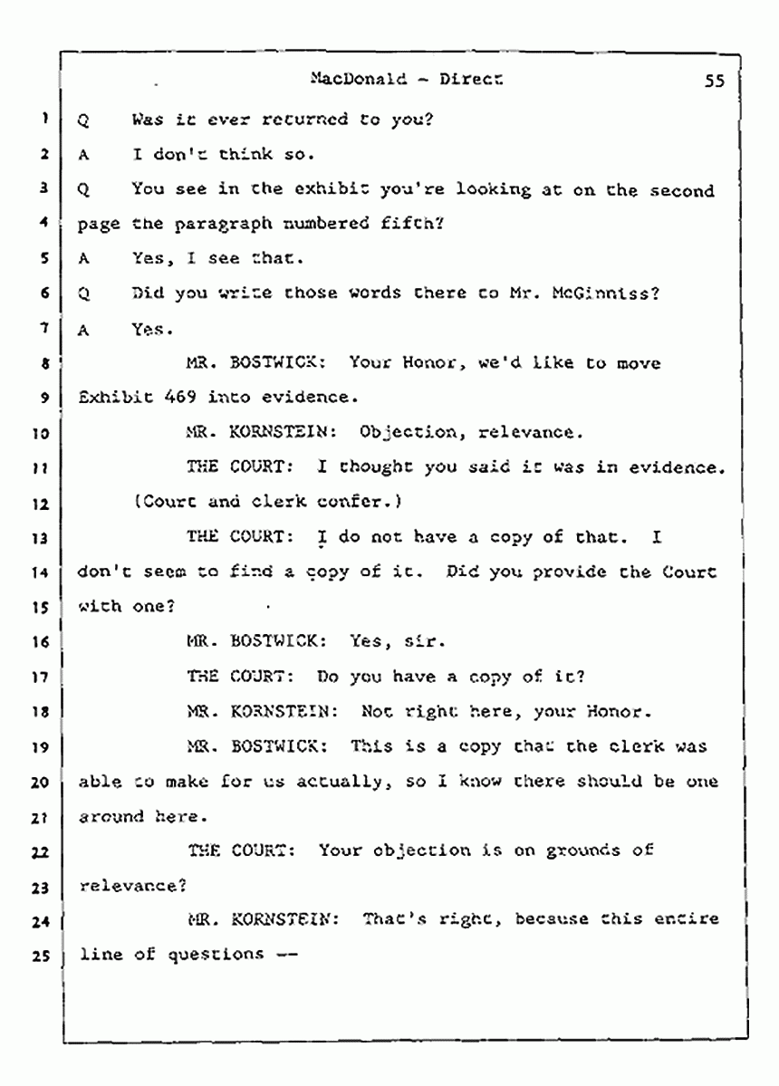 Los Angeles, California Civil Trial<br>Jeffrey MacDonald vs. Joe McGinniss<br><br>July 24, 1987:<br>Plaintiff's Witness: Jeffrey MacDonald, p. 55