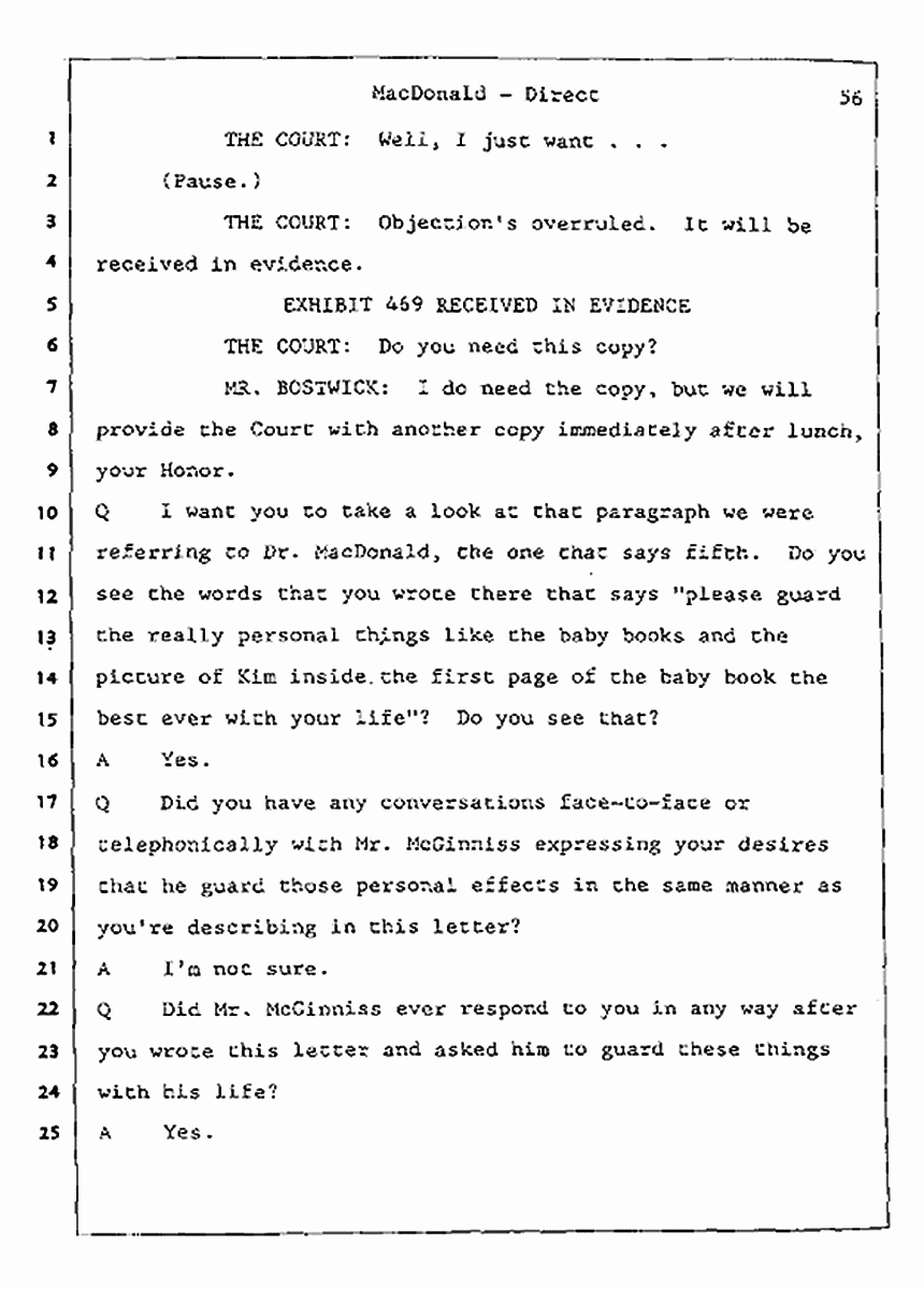 Los Angeles, California Civil Trial<br>Jeffrey MacDonald vs. Joe McGinniss<br><br>July 24, 1987:<br>Plaintiff's Witness: Jeffrey MacDonald, p. 56