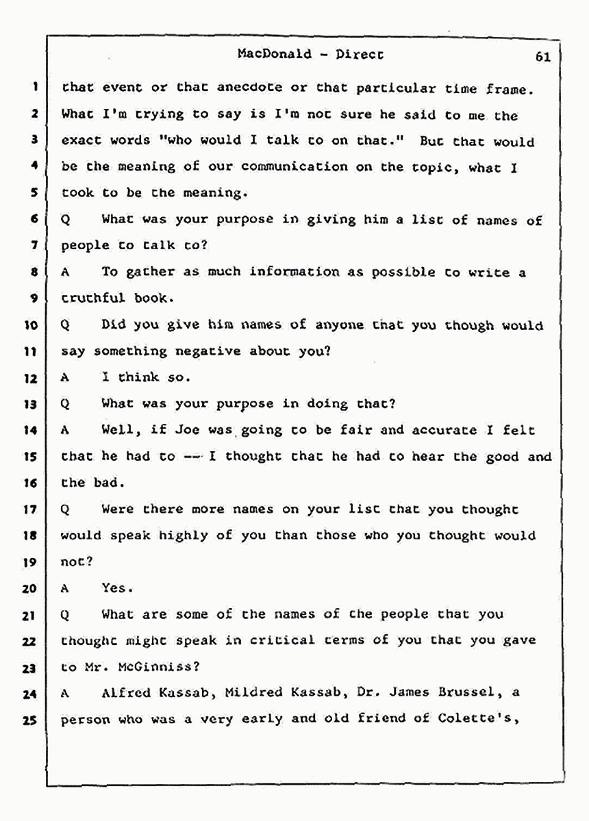 Los Angeles, California Civil Trial<br>Jeffrey MacDonald vs. Joe McGinniss<br><br>July 24, 1987:<br>Plaintiff's Witness: Jeffrey MacDonald, p. 61