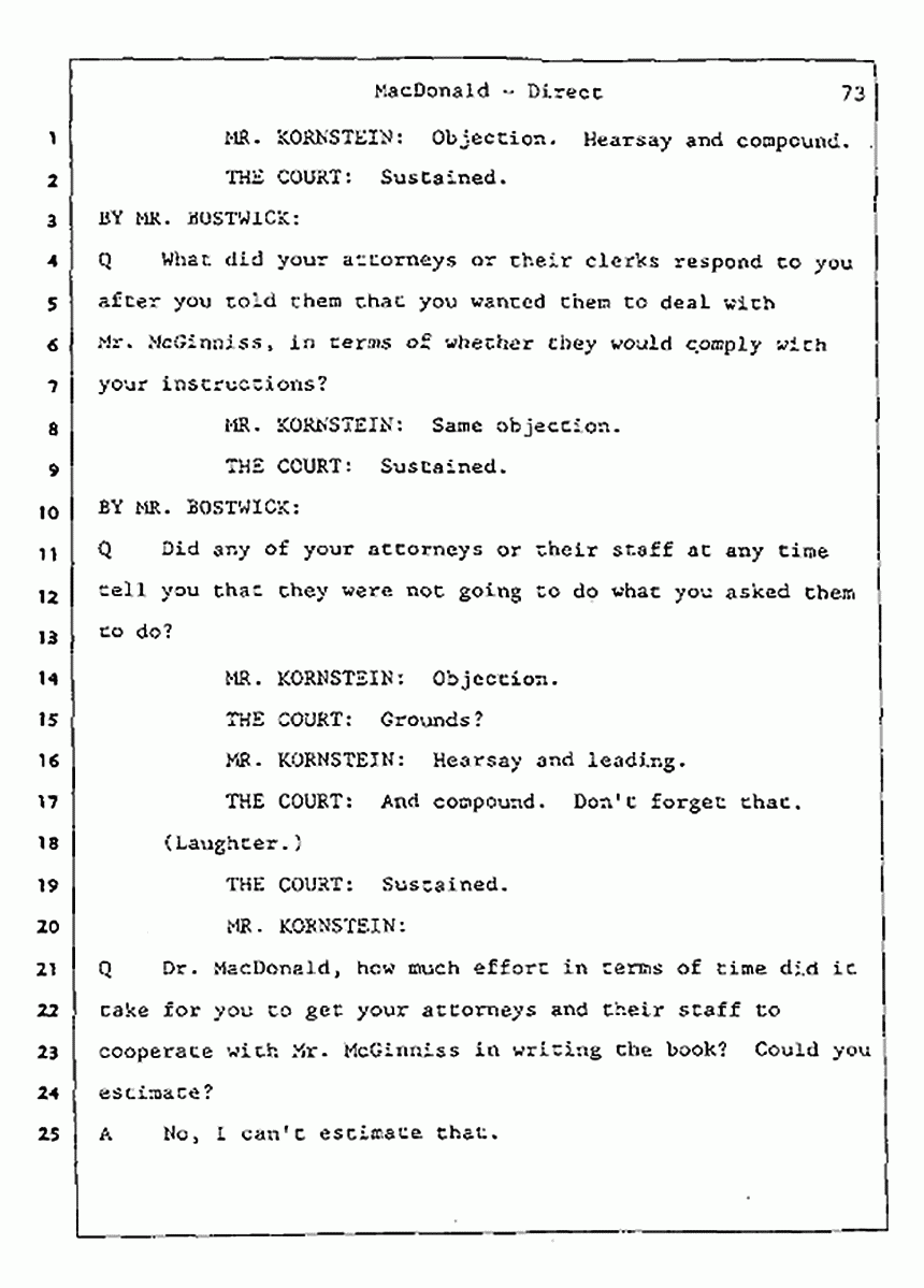 Los Angeles, California Civil Trial<br>Jeffrey MacDonald vs. Joe McGinniss<br><br>July 24, 1987:<br>Plaintiff's Witness: Jeffrey MacDonald, p. 73