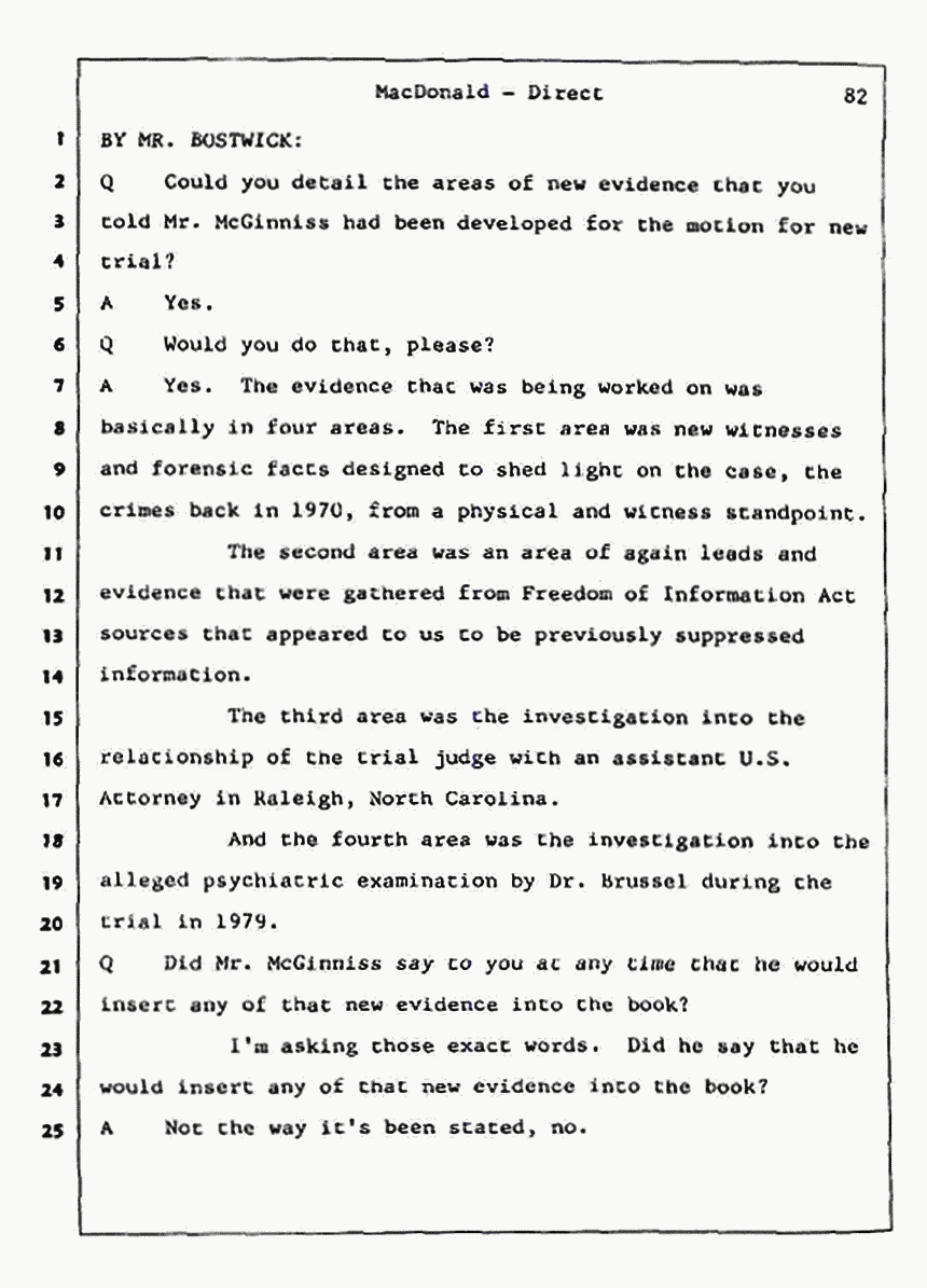Los Angeles, California Civil Trial<br>Jeffrey MacDonald vs. Joe McGinniss<br><br>July 24, 1987:<br>Plaintiff's Witness: Jeffrey MacDonald, p. 82