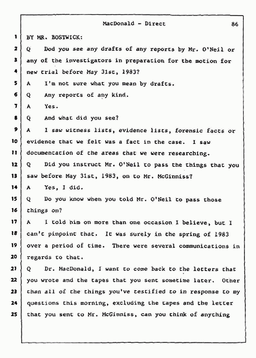 Los Angeles, California Civil Trial<br>Jeffrey MacDonald vs. Joe McGinniss<br><br>July 24, 1987:<br>Plaintiff's Witness: Jeffrey MacDonald, p. 86