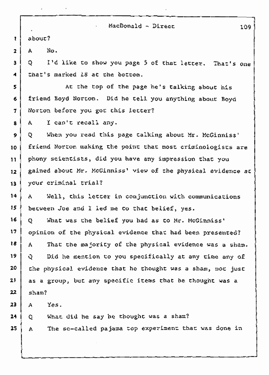 Los Angeles, California Civil Trial<br>Jeffrey MacDonald vs. Joe McGinniss<br><br>July 24, 1987:<br>Plaintiff's Witness: Jeffrey MacDonald, p. 109