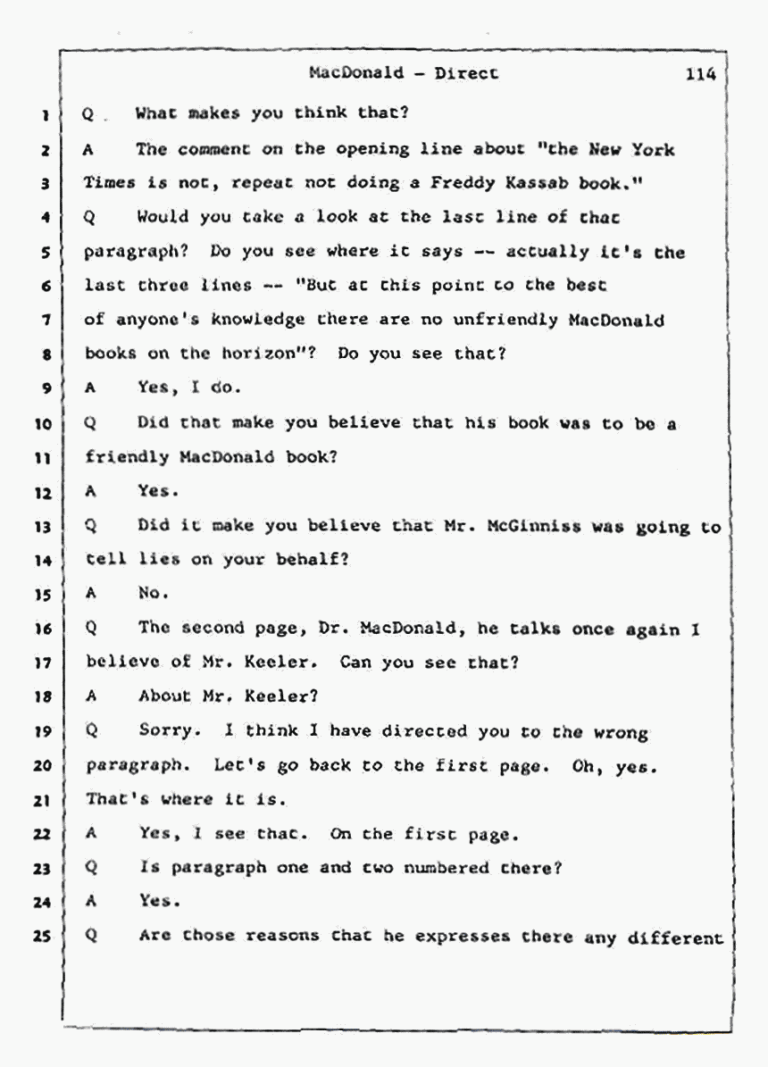 Los Angeles, California Civil Trial<br>Jeffrey MacDonald vs. Joe McGinniss<br><br>July 24, 1987:<br>Plaintiff's Witness: Jeffrey MacDonald, p. 114