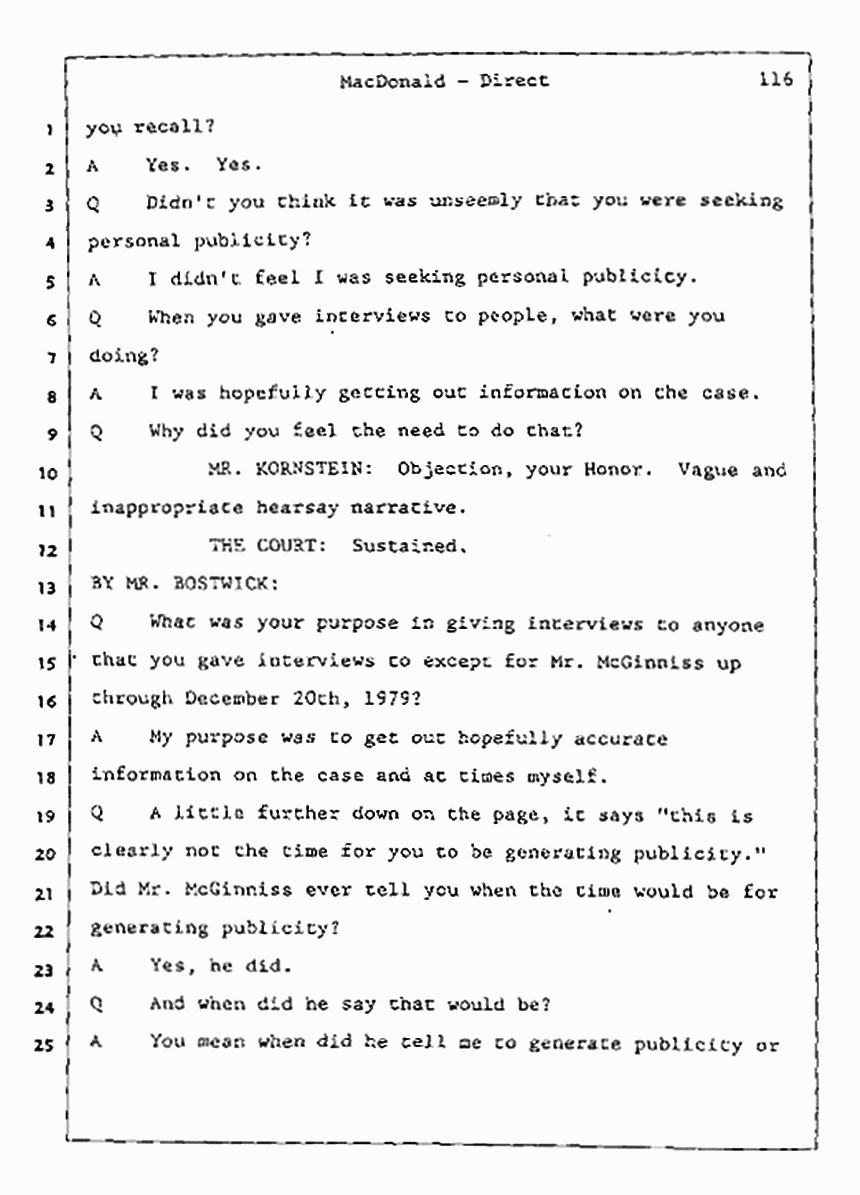 Los Angeles, California Civil Trial<br>Jeffrey MacDonald vs. Joe McGinniss<br><br>July 24, 1987:<br>Plaintiff's Witness: Jeffrey MacDonald, p. 116
