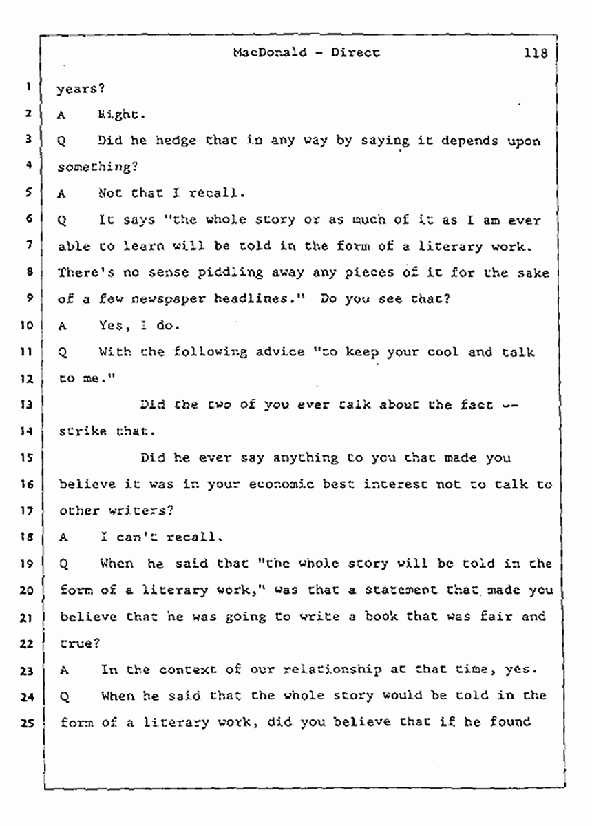 Los Angeles, California Civil Trial<br>Jeffrey MacDonald vs. Joe McGinniss<br><br>July 24, 1987:<br>Plaintiff's Witness: Jeffrey MacDonald, p. 118