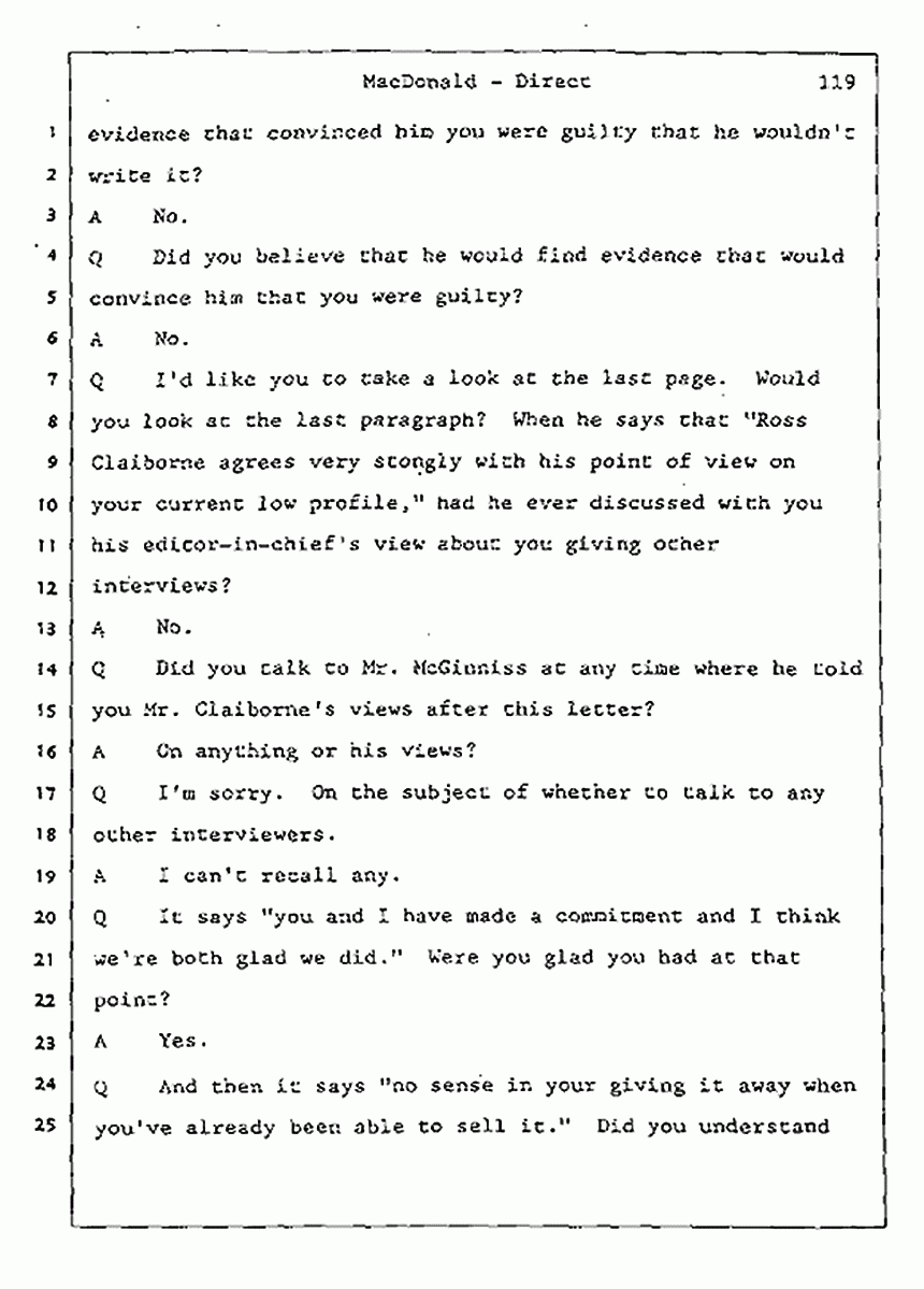 Los Angeles, California Civil Trial<br>Jeffrey MacDonald vs. Joe McGinniss<br><br>July 24, 1987:<br>Plaintiff's Witness: Jeffrey MacDonald, p. 119