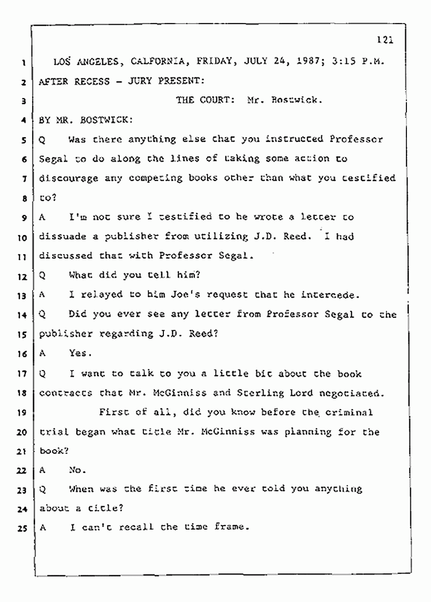 Los Angeles, California Civil Trial<br>Jeffrey MacDonald vs. Joe McGinniss<br><br>July 24, 1987:<br>Plaintiff's Witness: Jeffrey MacDonald, p. 121