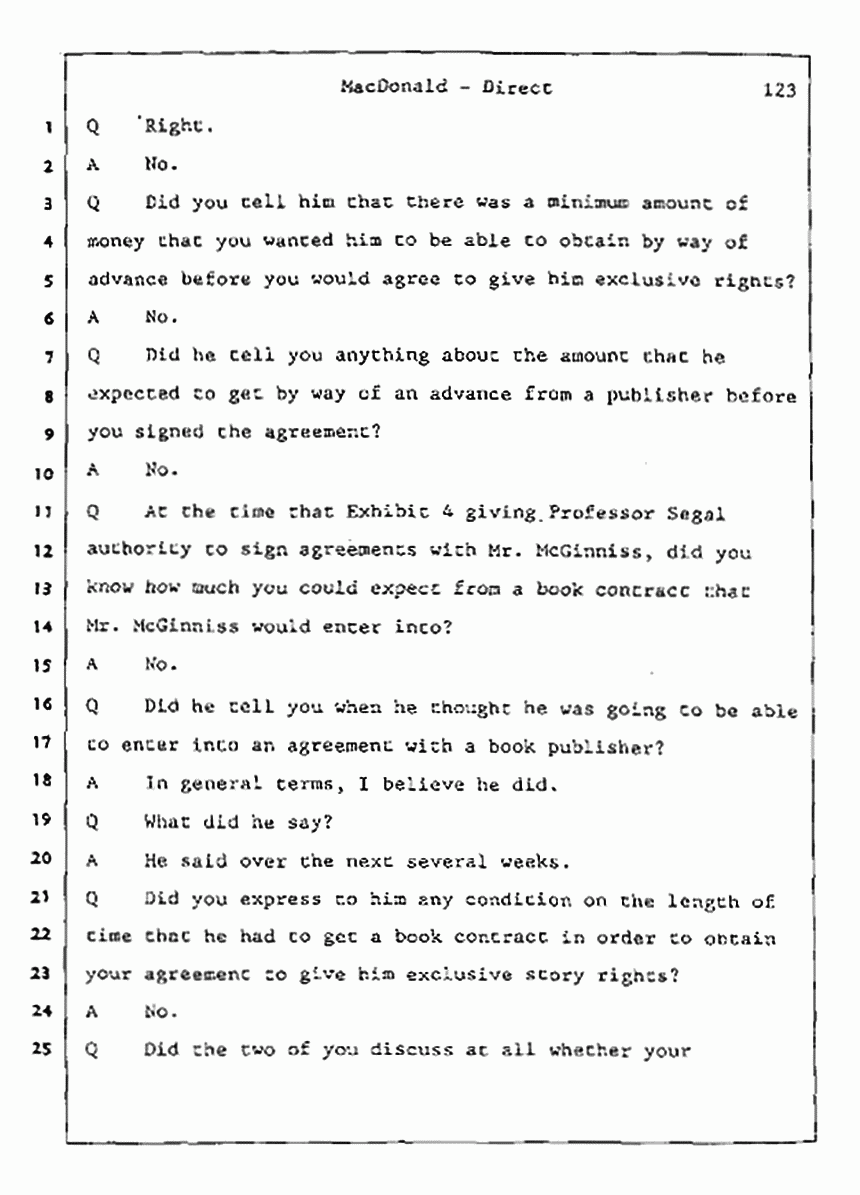 Los Angeles, California Civil Trial<br>Jeffrey MacDonald vs. Joe McGinniss<br><br>July 24, 1987:<br>Plaintiff's Witness: Jeffrey MacDonald, p. 123