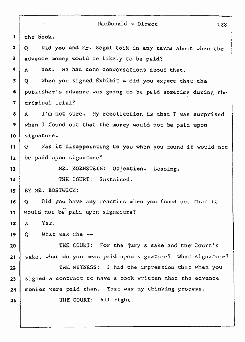 Los Angeles, California Civil Trial<br>Jeffrey MacDonald vs. Joe McGinniss<br><br>July 24, 1987:<br>Plaintiff's Witness: Jeffrey MacDonald, p. 128