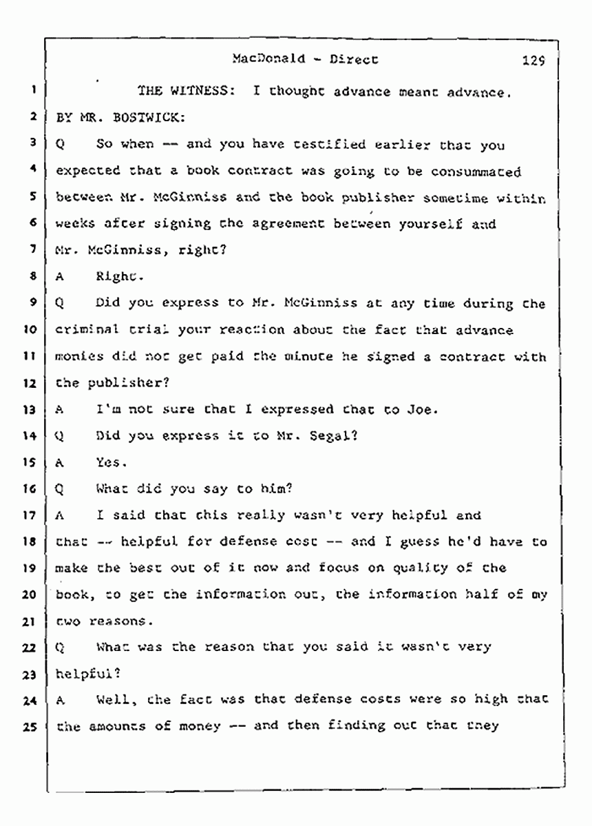 Los Angeles, California Civil Trial<br>Jeffrey MacDonald vs. Joe McGinniss<br><br>July 24, 1987:<br>Plaintiff's Witness: Jeffrey MacDonald, p. 129