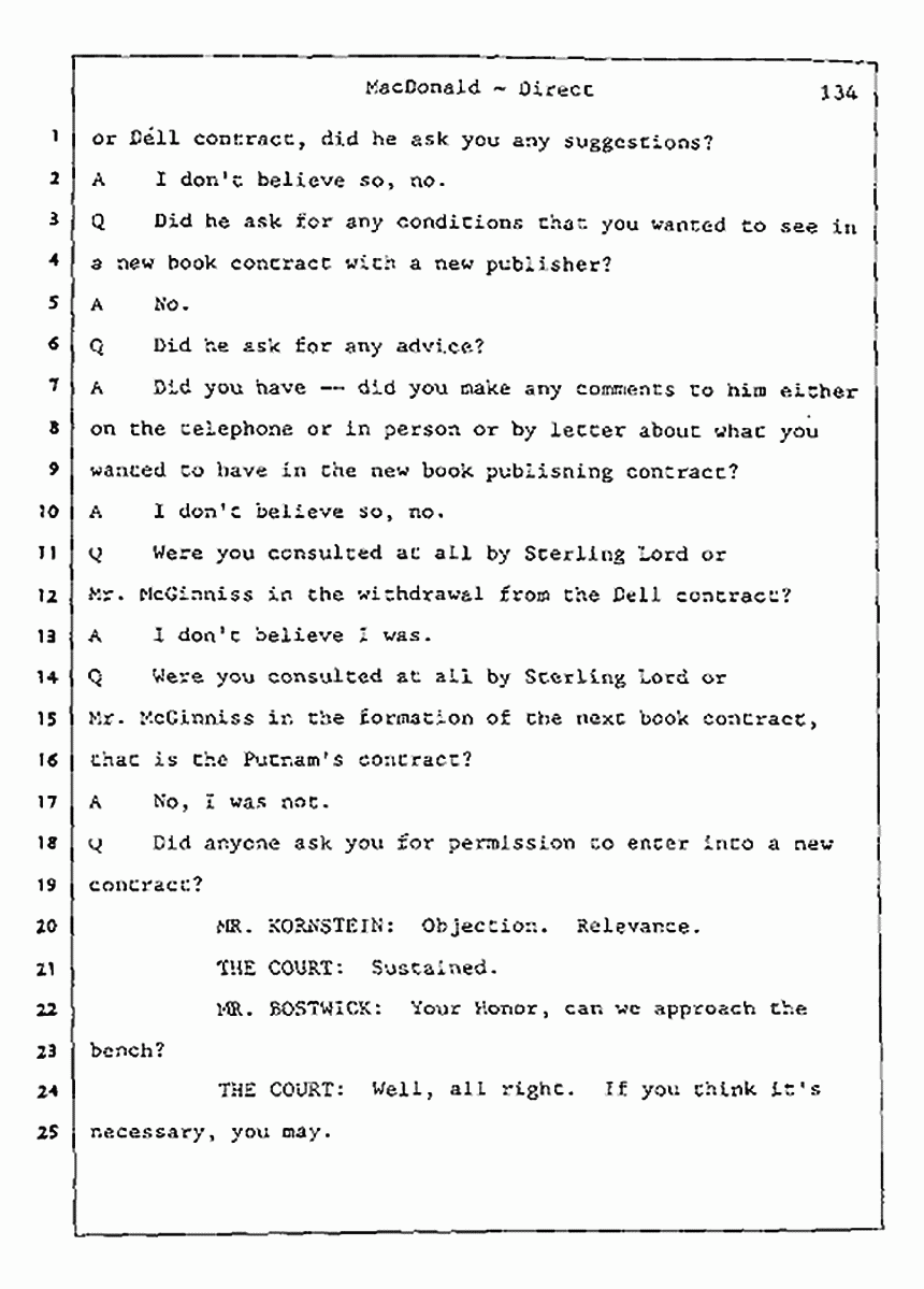 Los Angeles, California Civil Trial<br>Jeffrey MacDonald vs. Joe McGinniss<br><br>July 24, 1987:<br>Plaintiff's Witness: Jeffrey MacDonald, p. 134