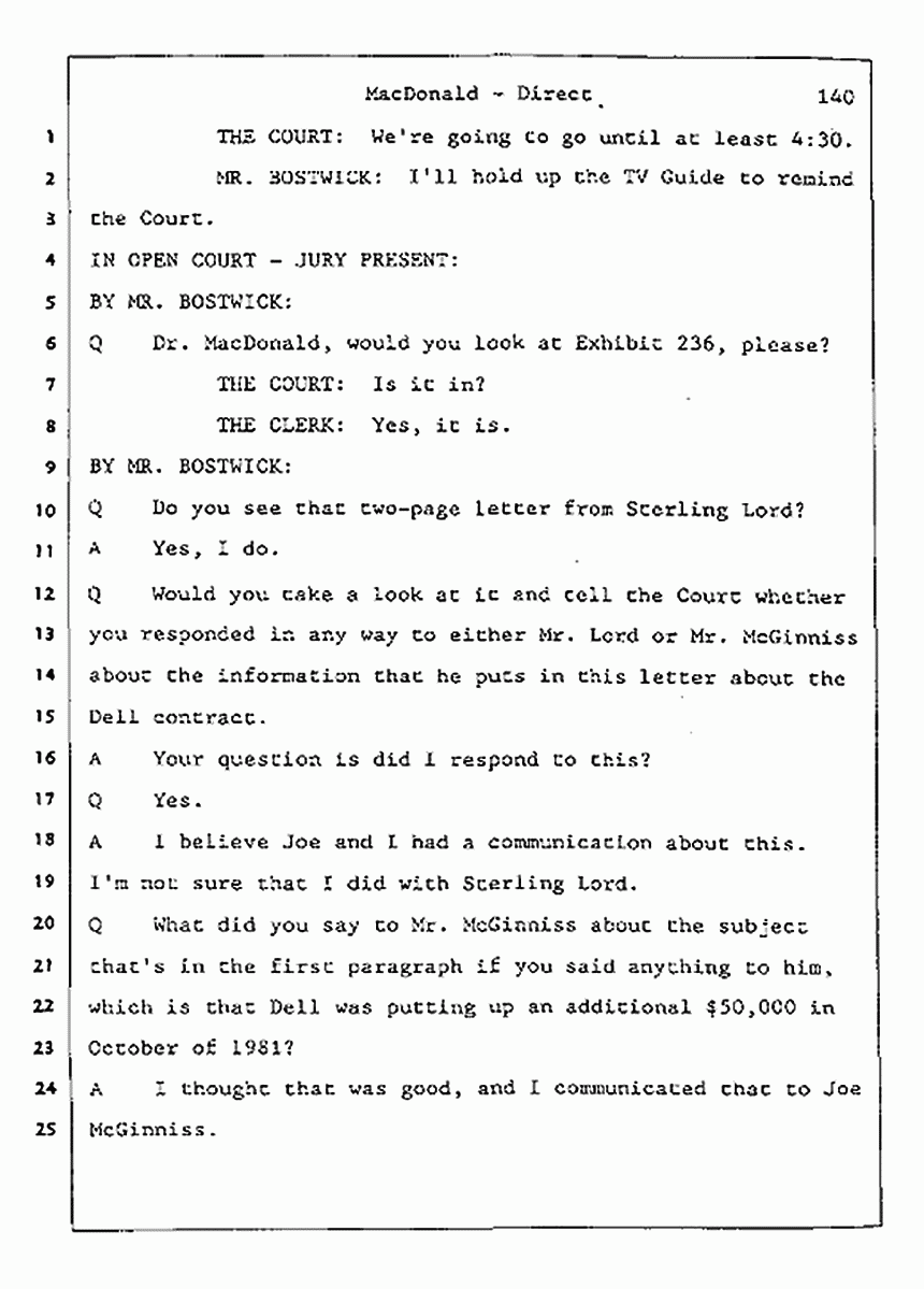 Los Angeles, California Civil Trial<br>Jeffrey MacDonald vs. Joe McGinniss<br><br>July 24, 1987:<br>Plaintiff's Witness: Jeffrey MacDonald, p. 140