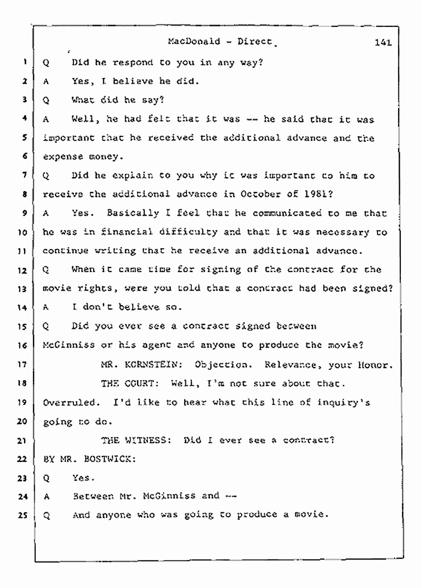 Los Angeles, California Civil Trial<br>Jeffrey MacDonald vs. Joe McGinniss<br><br>July 24, 1987:<br>Plaintiff's Witness: Jeffrey MacDonald, p. 141