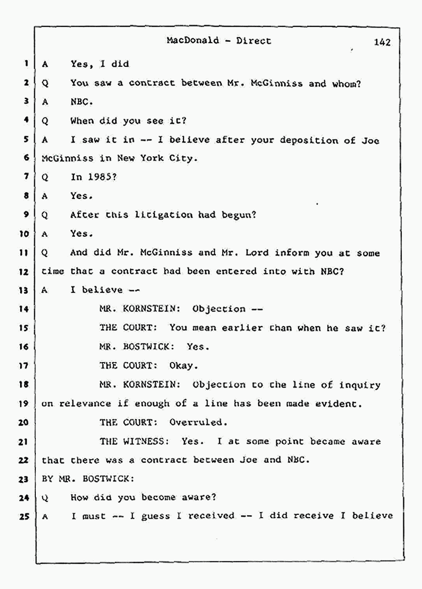 Los Angeles, California Civil Trial<br>Jeffrey MacDonald vs. Joe McGinniss<br><br>July 24, 1987:<br>Plaintiff's Witness: Jeffrey MacDonald, p. 142