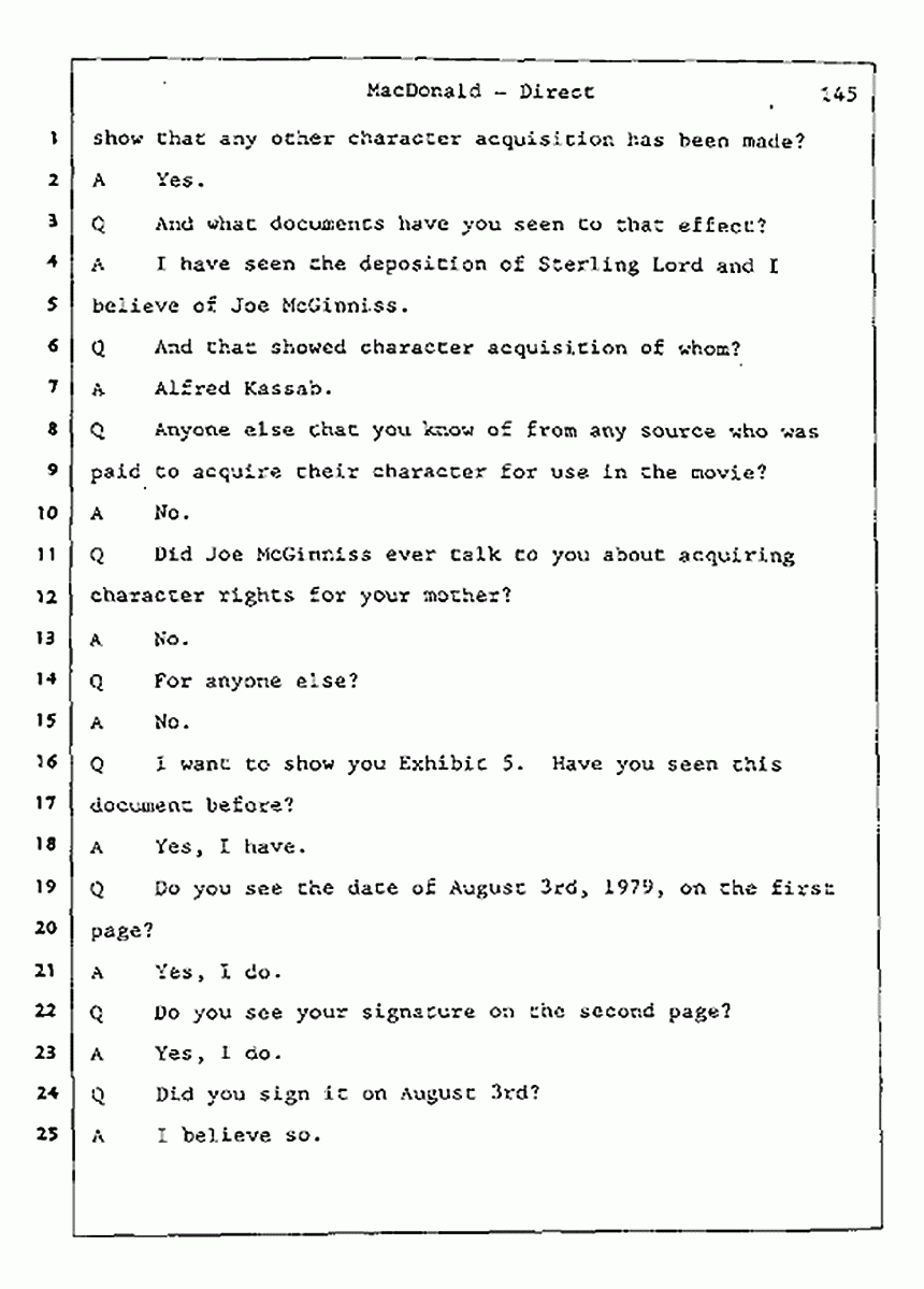 Los Angeles, California Civil Trial<br>Jeffrey MacDonald vs. Joe McGinniss<br><br>July 24, 1987:<br>Plaintiff's Witness: Jeffrey MacDonald, p. 145