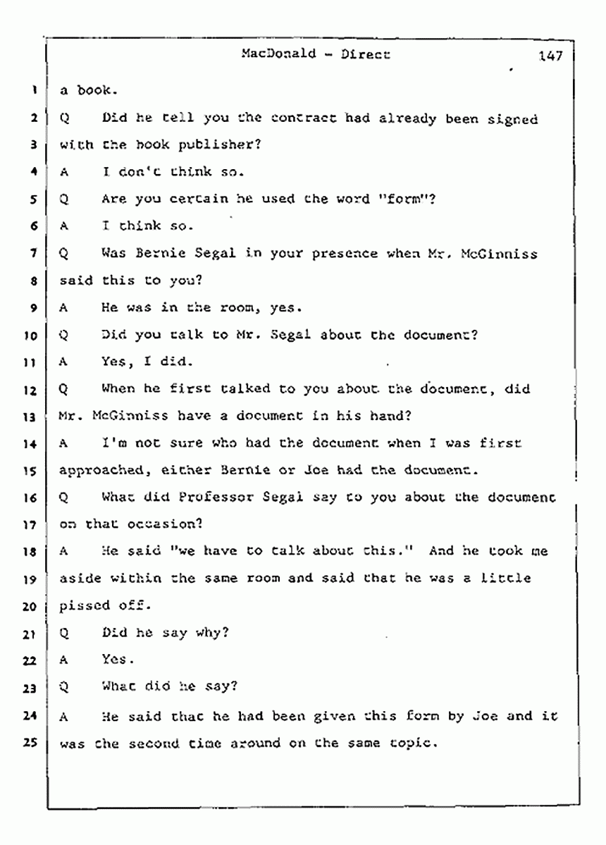 Los Angeles, California Civil Trial<br>Jeffrey MacDonald vs. Joe McGinniss<br><br>July 24, 1987:<br>Plaintiff's Witness: Jeffrey MacDonald, p. 147