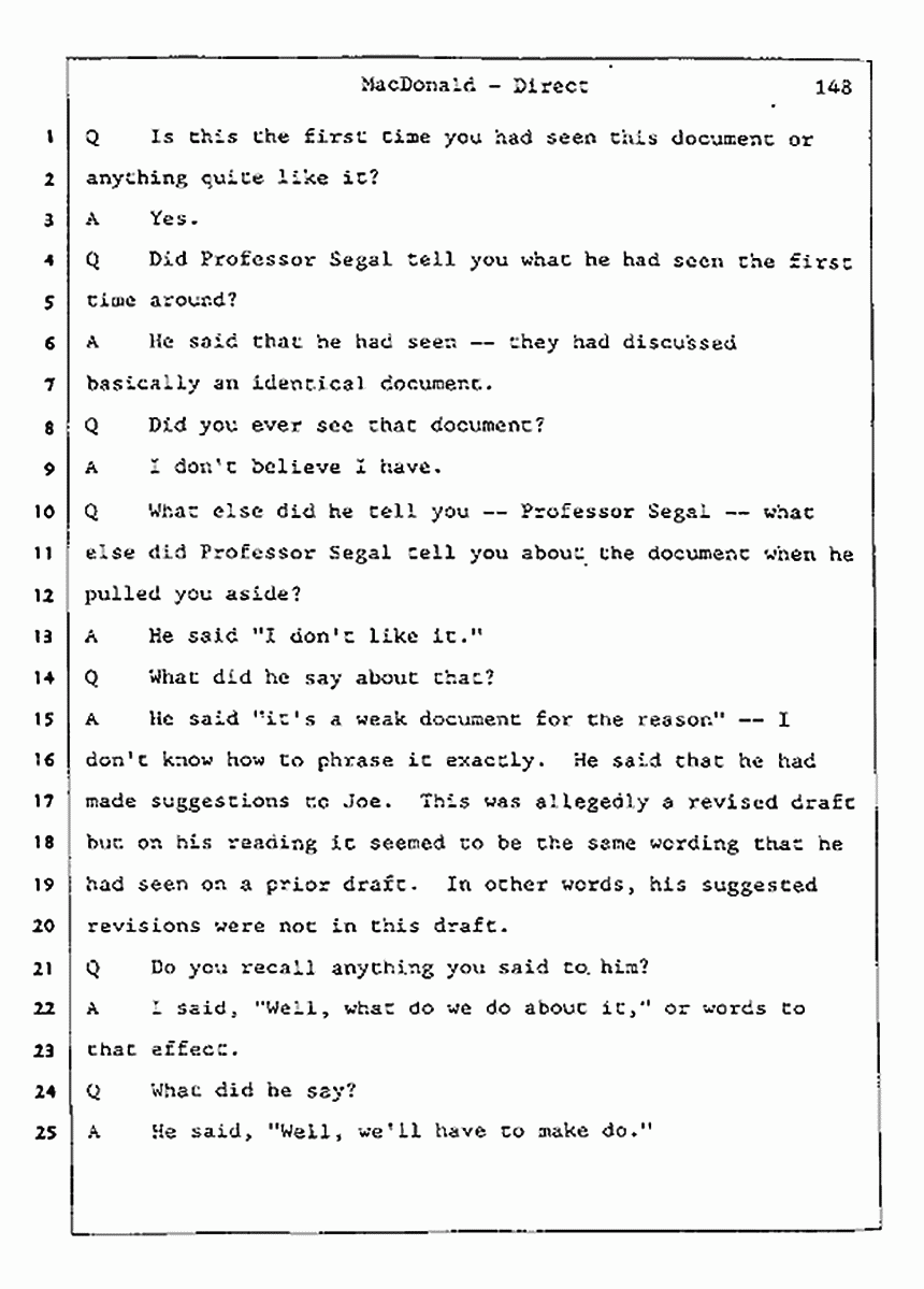 Los Angeles, California Civil Trial<br>Jeffrey MacDonald vs. Joe McGinniss<br><br>July 24, 1987:<br>Plaintiff's Witness: Jeffrey MacDonald, p. 148