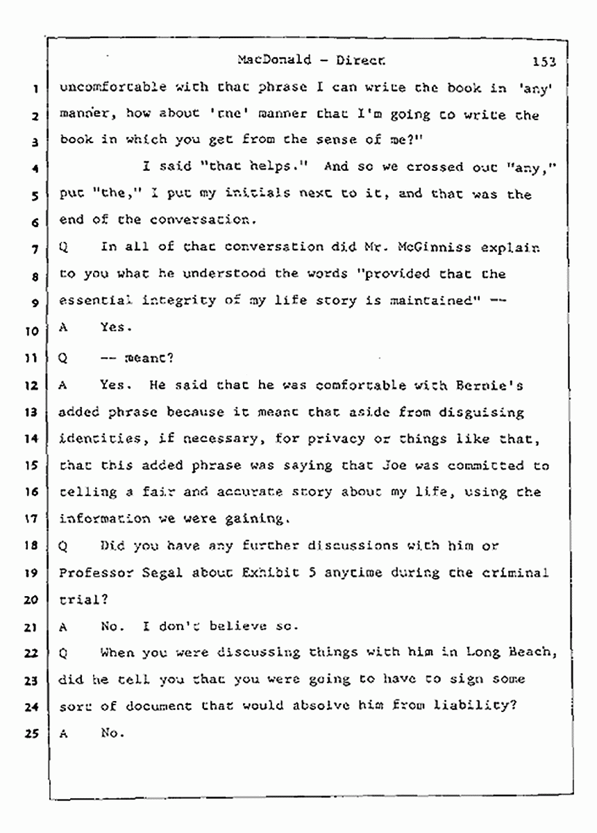 Los Angeles, California Civil Trial<br>Jeffrey MacDonald vs. Joe McGinniss<br><br>July 24, 1987:<br>Plaintiff's Witness: Jeffrey MacDonald, p. 153