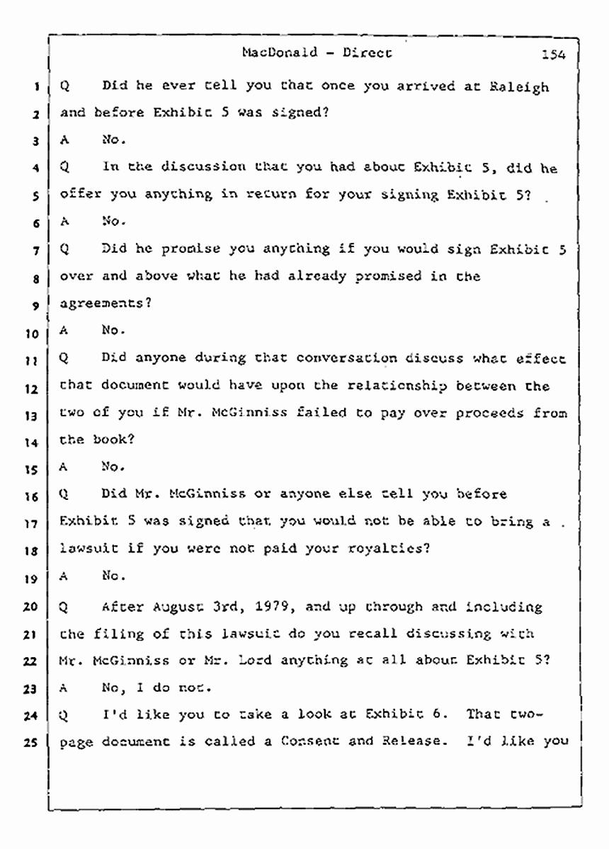 Los Angeles, California Civil Trial<br>Jeffrey MacDonald vs. Joe McGinniss<br><br>July 24, 1987:<br>Plaintiff's Witness: Jeffrey MacDonald, p. 154