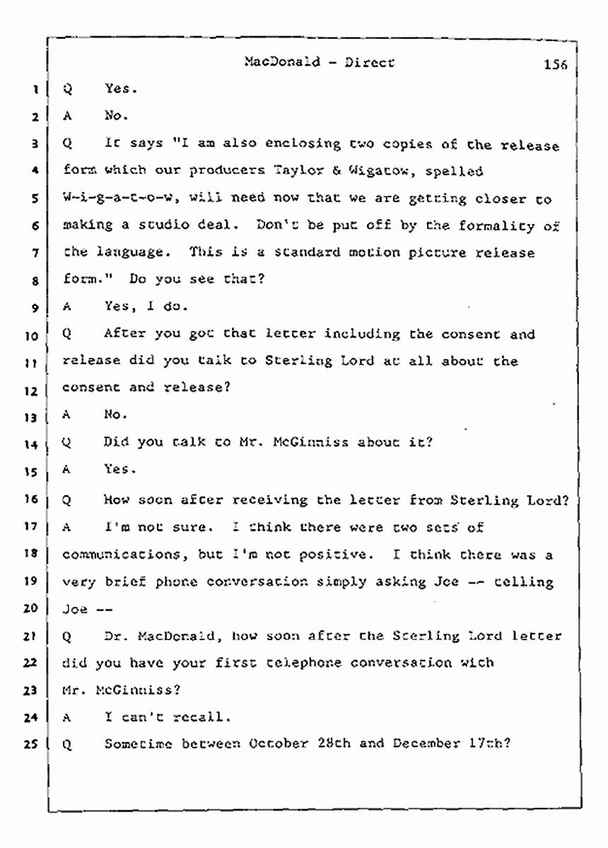 Los Angeles, California Civil Trial<br>Jeffrey MacDonald vs. Joe McGinniss<br><br>July 24, 1987:<br>Plaintiff's Witness: Jeffrey MacDonald, p. 156