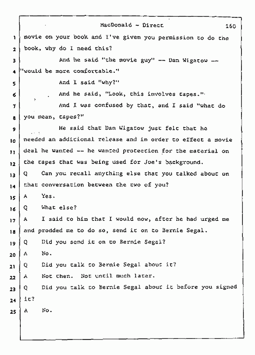 Los Angeles, California Civil Trial<br>Jeffrey MacDonald vs. Joe McGinniss<br><br>July 24, 1987:<br>Plaintiff's Witness: Jeffrey MacDonald, p. 160