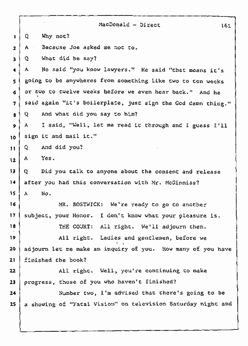 Los Angeles, California Civil Trial<br>Jeffrey MacDonald vs. Joe McGinniss<br><br>July 24, 1987:<br>Plaintiff's Witness: Jeffrey MacDonald, p. 161