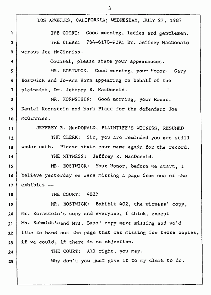 Los Angeles, California Civil Trial<br>Jeffrey MacDonald vs. Joe McGinniss<br><br>July 27, 1987:<br>Plaintiff's Witness: Jeffrey MacDonald, p. 3