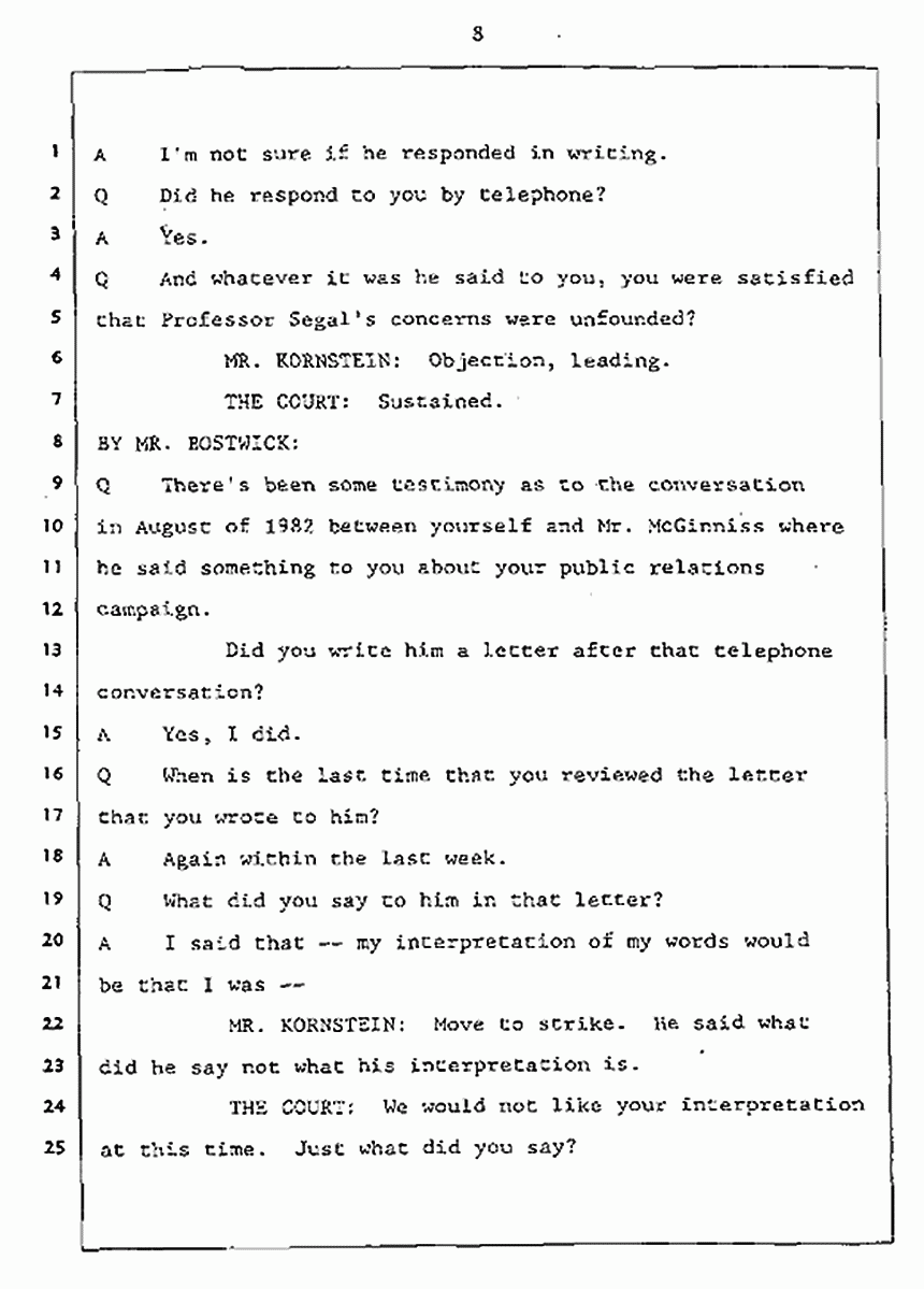 Los Angeles, California Civil Trial<br>Jeffrey MacDonald vs. Joe McGinniss<br><br>July 27, 1987:<br>Plaintiff's Witness: Jeffrey MacDonald, p. 8