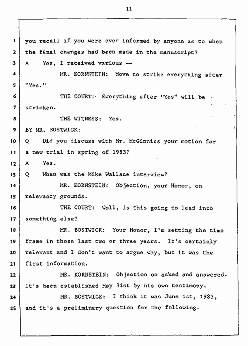 Los Angeles, California Civil Trial<br>Jeffrey MacDonald vs. Joe McGinniss<br><br>July 27, 1987:<br>Plaintiff's Witness: Jeffrey MacDonald, p. 11