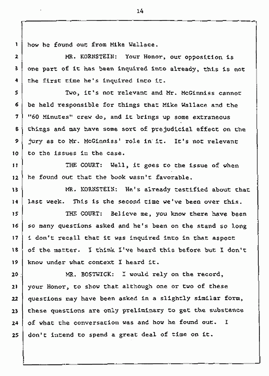 Los Angeles, California Civil Trial<br>Jeffrey MacDonald vs. Joe McGinniss<br><br>July 27, 1987:<br>Plaintiff's Witness: Jeffrey MacDonald, p. 14