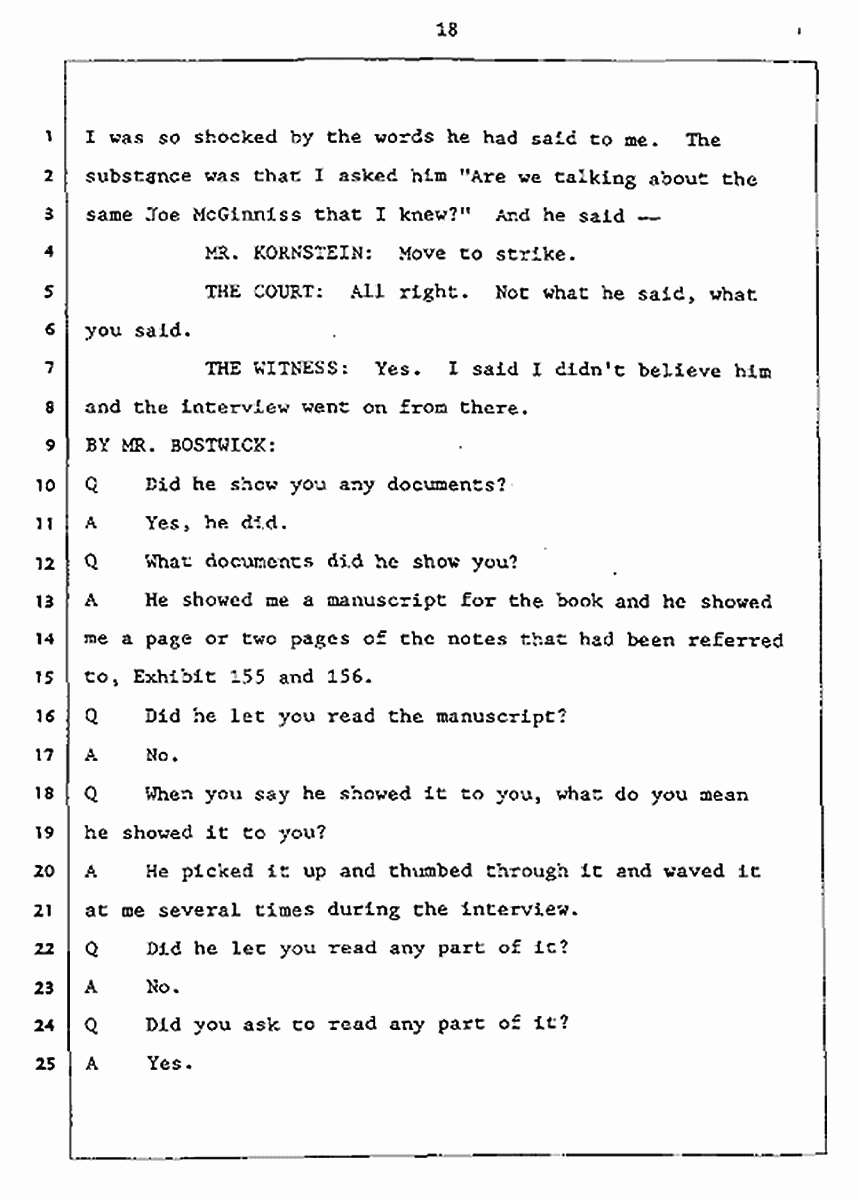 Los Angeles, California Civil Trial<br>Jeffrey MacDonald vs. Joe McGinniss<br><br>July 27, 1987:<br>Plaintiff's Witness: Jeffrey MacDonald, p. 18