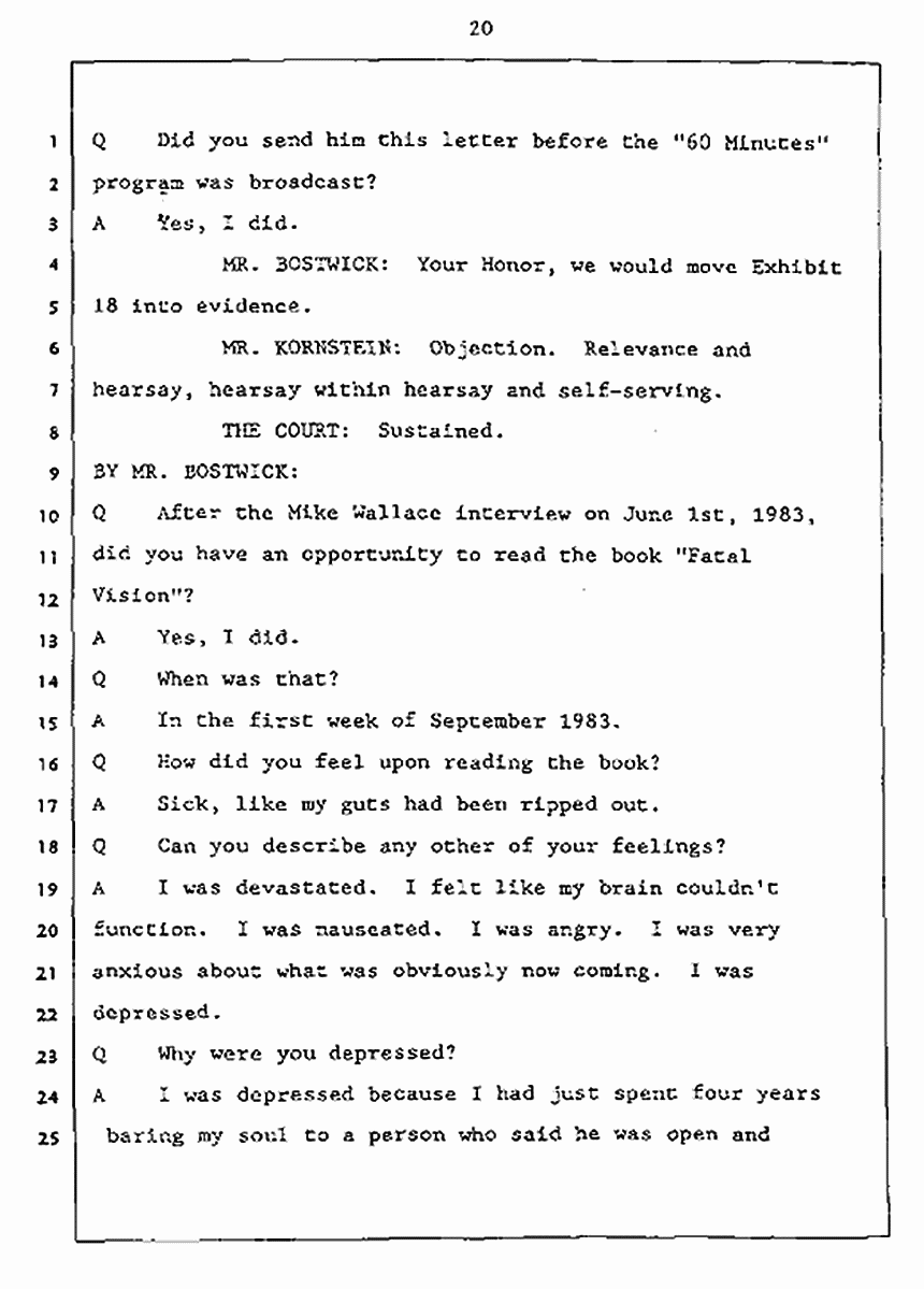 Los Angeles, California Civil Trial<br>Jeffrey MacDonald vs. Joe McGinniss<br><br>July 27, 1987:<br>Plaintiff's Witness: Jeffrey MacDonald, p. 20