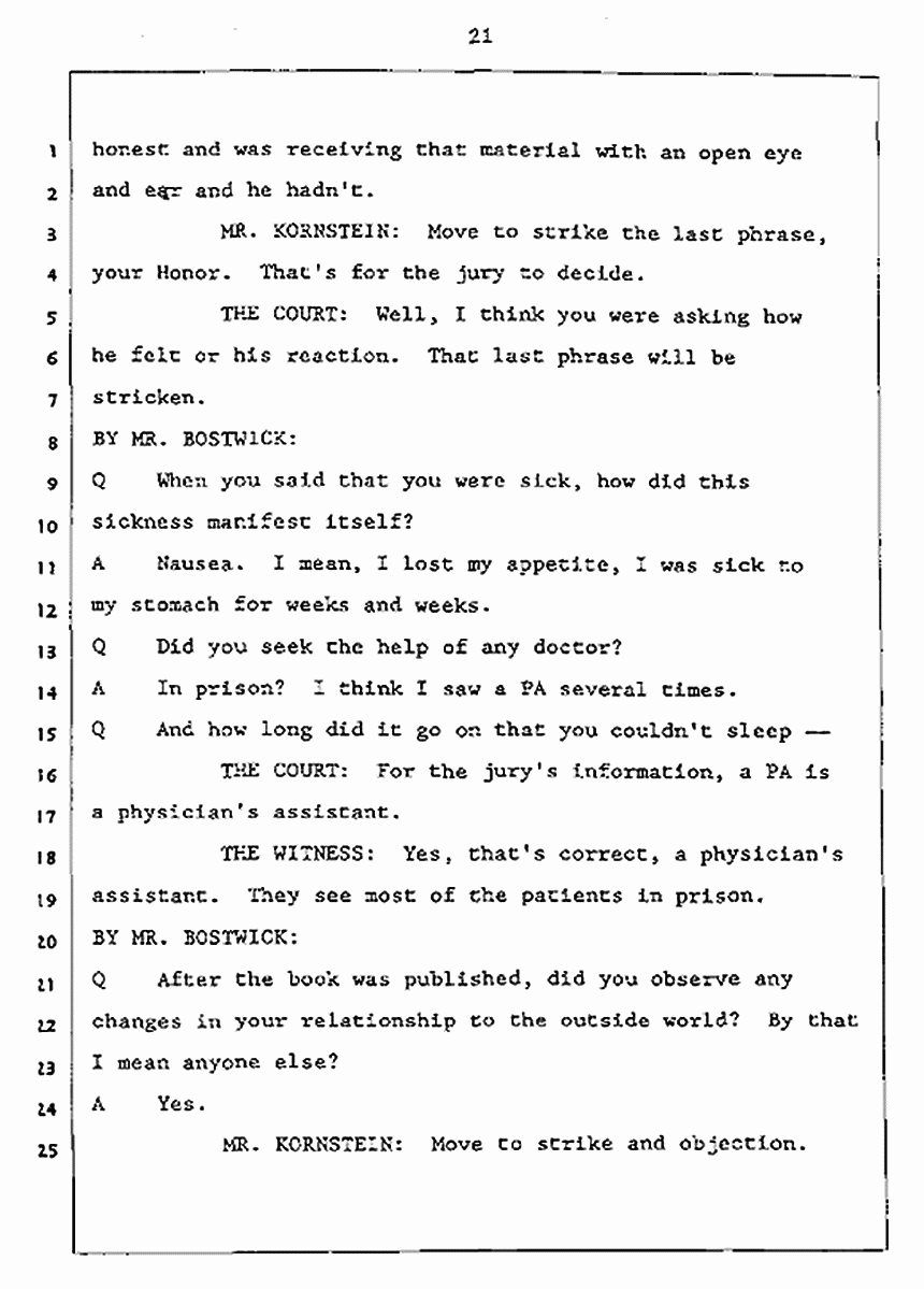 Los Angeles, California Civil Trial<br>Jeffrey MacDonald vs. Joe McGinniss<br><br>July 27, 1987:<br>Plaintiff's Witness: Jeffrey MacDonald, p. 21
