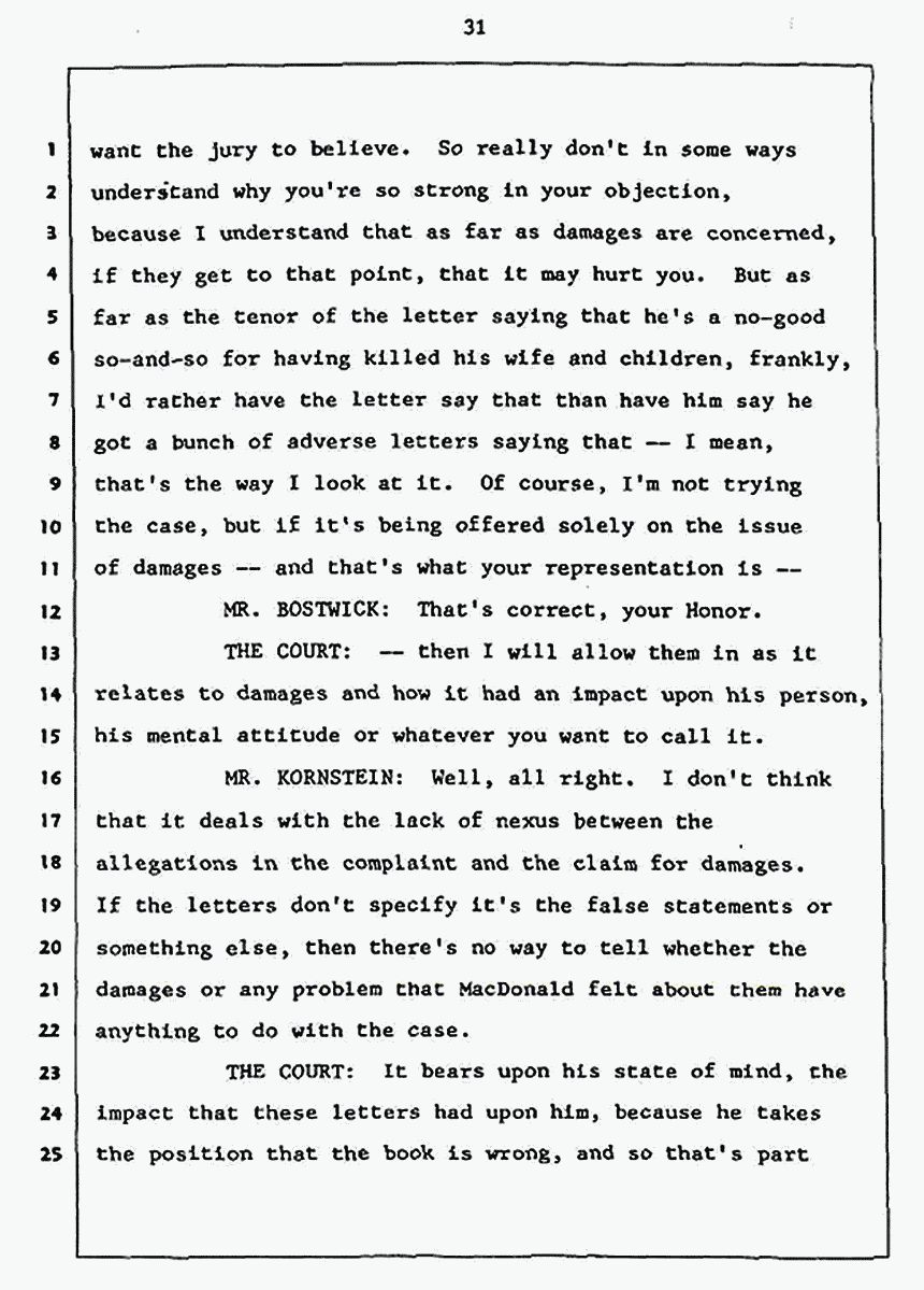 Los Angeles, California Civil Trial<br>Jeffrey MacDonald vs. Joe McGinniss<br><br>July 27, 1987:<br>Plaintiff's Witness: Jeffrey MacDonald, p. 31