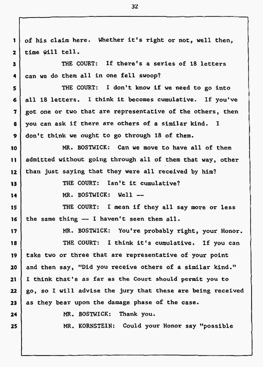Los Angeles, California Civil Trial<br>Jeffrey MacDonald vs. Joe McGinniss<br><br>July 27, 1987:<br>Plaintiff's Witness: Jeffrey MacDonald, p. 32
