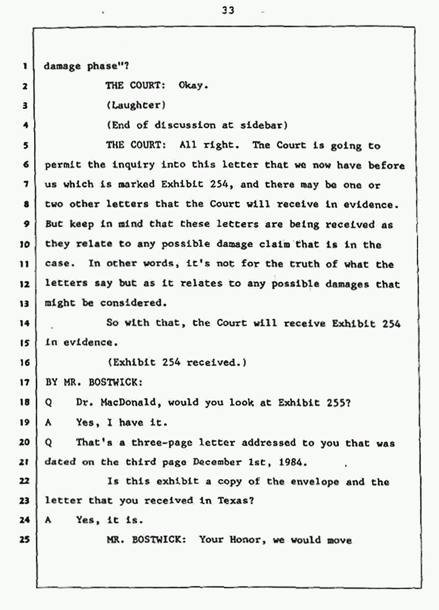 Los Angeles, California Civil Trial<br>Jeffrey MacDonald vs. Joe McGinniss<br><br>July 27, 1987:<br>Plaintiff's Witness: Jeffrey MacDonald, p. 33