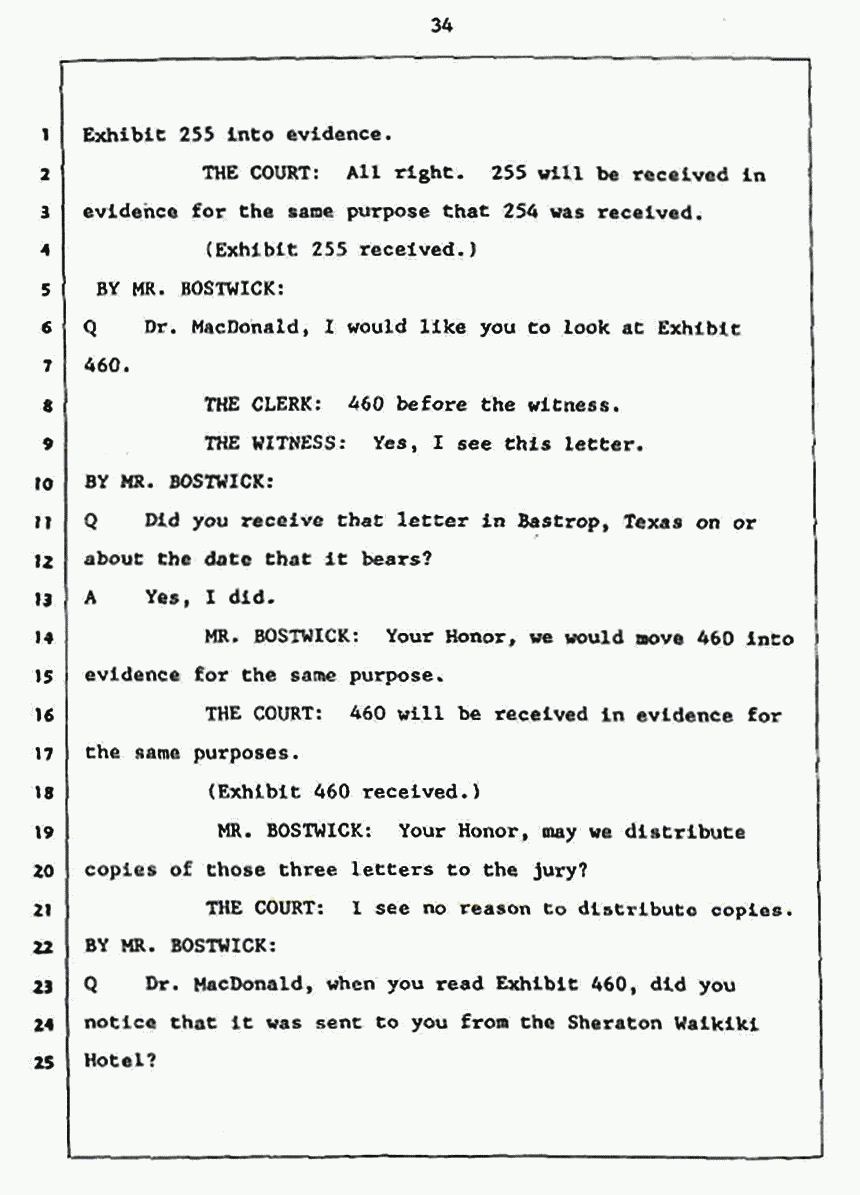 Los Angeles, California Civil Trial<br>Jeffrey MacDonald vs. Joe McGinniss<br><br>July 27, 1987:<br>Plaintiff's Witness: Jeffrey MacDonald, p. 34
