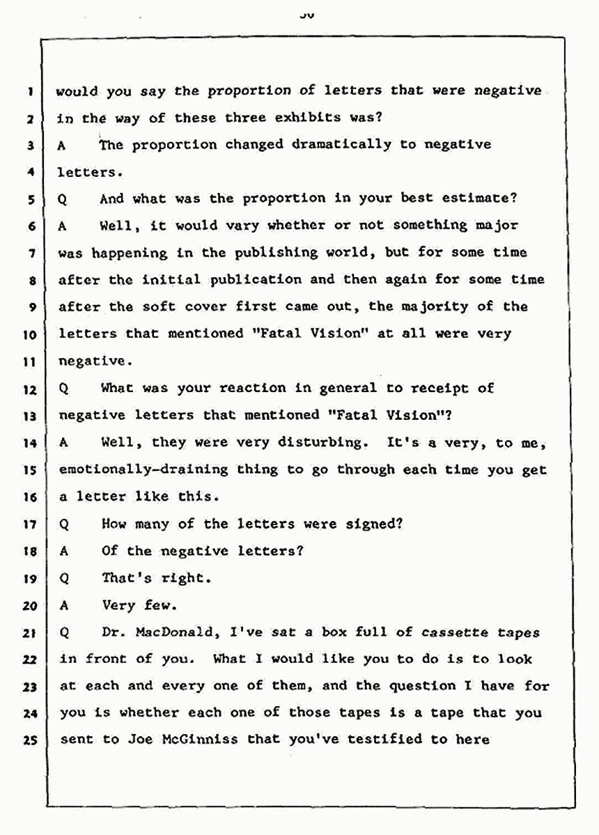 Los Angeles, California Civil Trial<br>Jeffrey MacDonald vs. Joe McGinniss<br><br>July 27, 1987:<br>Plaintiff's Witness: Jeffrey MacDonald, p. 36