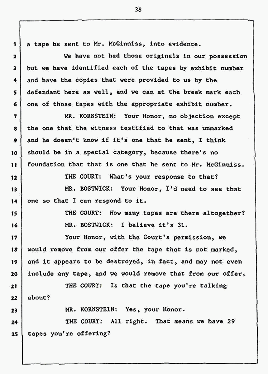 Los Angeles, California Civil Trial<br>Jeffrey MacDonald vs. Joe McGinniss<br><br>July 27, 1987:<br>Plaintiff's Witness: Jeffrey MacDonald, p. 38