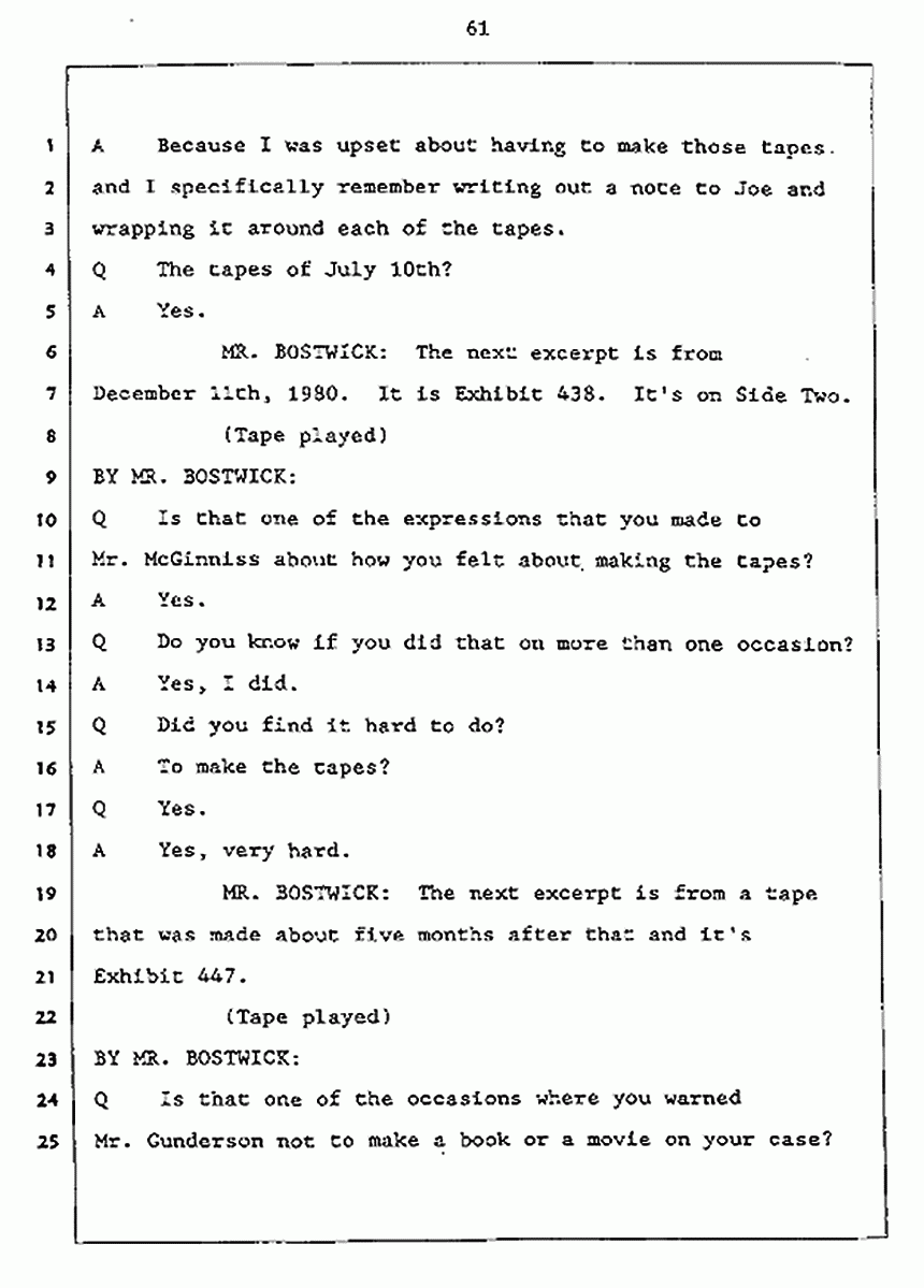 Los Angeles, California Civil Trial<br>Jeffrey MacDonald vs. Joe McGinniss<br><br>July 27, 1987:<br>Plaintiff's Witness: Jeffrey MacDonald, p. 61