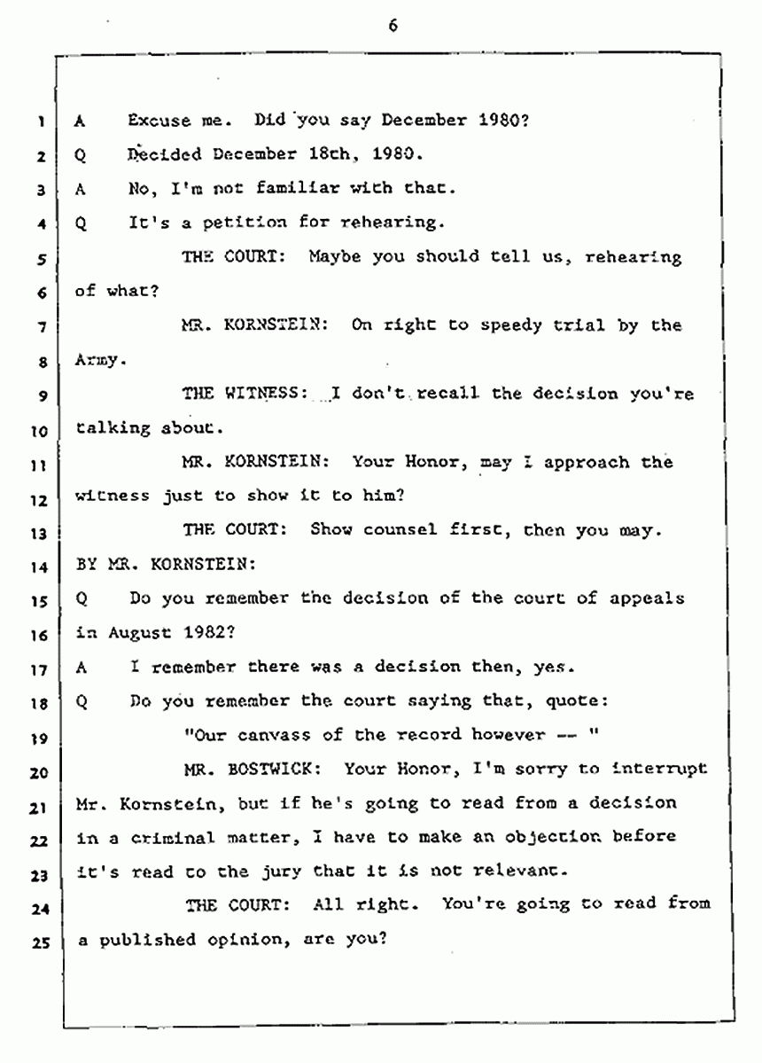 Los Angeles, California Civil Trial<br>Jeffrey MacDonald vs. Joe McGinniss<br><br>July 27, 1987:<br>Plaintiff's Witness: Jeffrey MacDonald, p. 6