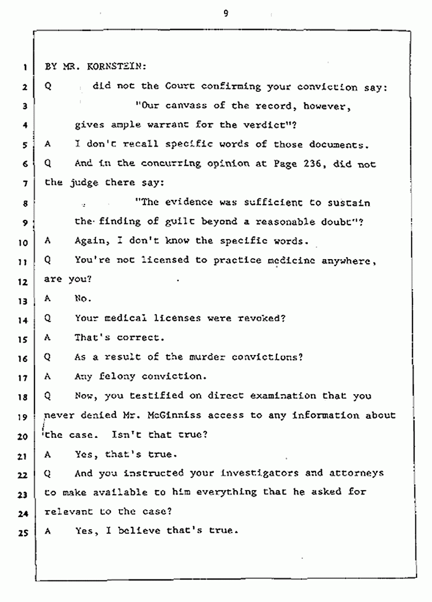 Los Angeles, California Civil Trial<br>Jeffrey MacDonald vs. Joe McGinniss<br><br>July 27, 1987:<br>Plaintiff's Witness: Jeffrey MacDonald, p. 9
