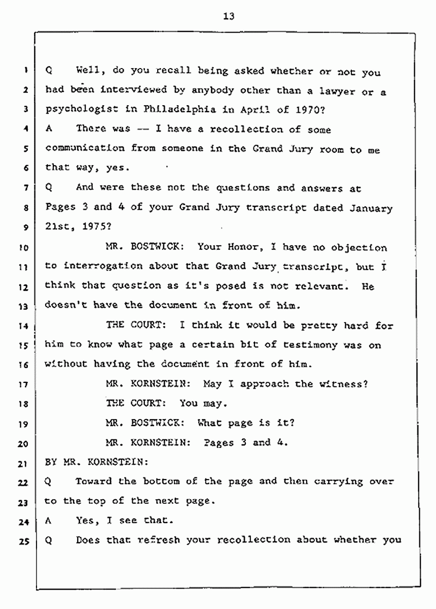 Los Angeles, California Civil Trial<br>Jeffrey MacDonald vs. Joe McGinniss<br><br>July 27, 1987:<br>Plaintiff's Witness: Jeffrey MacDonald, p. 13