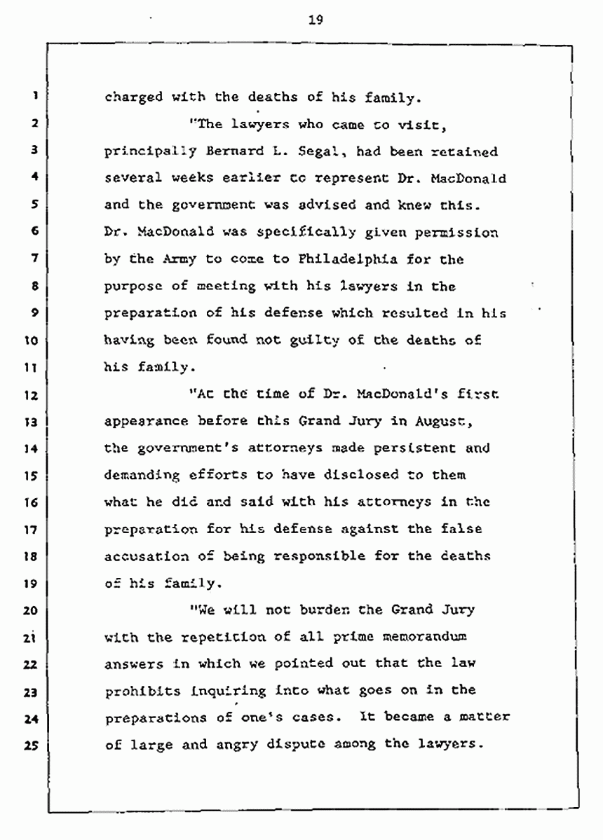 Los Angeles, California Civil Trial<br>Jeffrey MacDonald vs. Joe McGinniss<br><br>July 27, 1987:<br>Plaintiff's Witness: Jeffrey MacDonald, p. 19