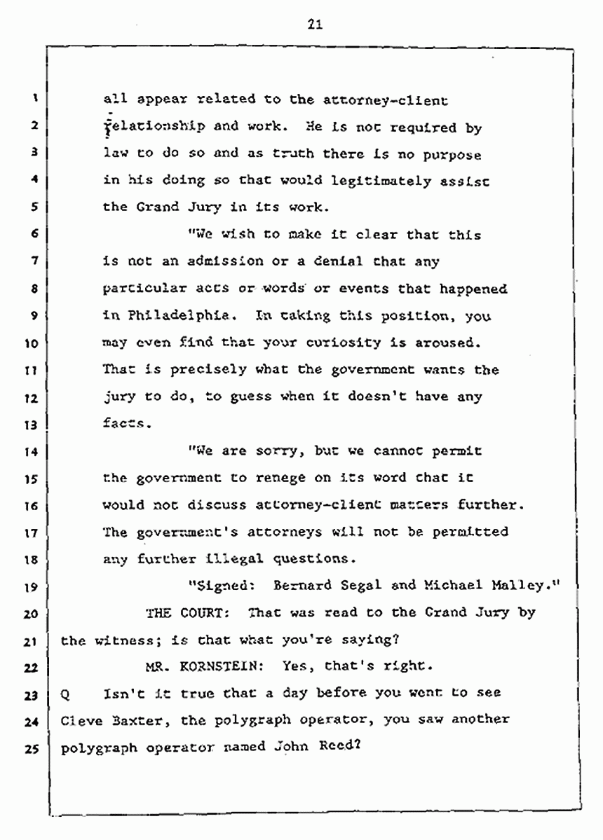 Los Angeles, California Civil Trial<br>Jeffrey MacDonald vs. Joe McGinniss<br><br>July 27, 1987:<br>Plaintiff's Witness: Jeffrey MacDonald, p. 21