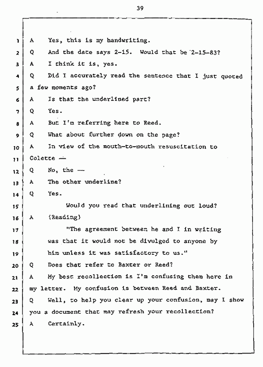Los Angeles, California Civil Trial<br>Jeffrey MacDonald vs. Joe McGinniss<br><br>July 27, 1987:<br>Plaintiff's Witness: Jeffrey MacDonald, p. 39