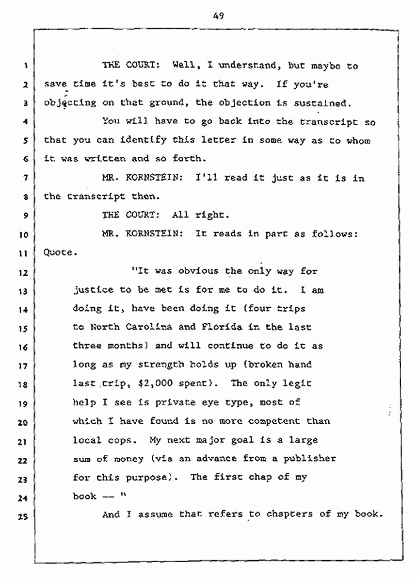 Los Angeles, California Civil Trial<br>Jeffrey MacDonald vs. Joe McGinniss<br><br>July 27, 1987:<br>Plaintiff's Witness: Jeffrey MacDonald, p. 49